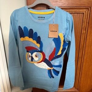 Boden Light Blue Long-Sleeve Tee with Colorful Owl Appliqué